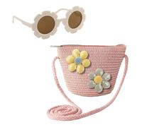 CWPFVQA 1 Bolso De Paja De Flores, 1 Gafas De Sol para Niños, Bolso De Hombro para Niñas, Bolso De Mano para Niñas, Bolso De Muñeca Tejido, Bolso De Paja para Niños