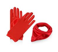 CWPFVQA 1 Par De Guantes Rojos, 1 Pañuelo De Seda Rojo, Guantes De Satén De Princesa, Guantes De Baile Nupcial, Guantes De Baile Con Los Dedos, Guantes Rojos De Mujer