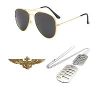 CWPFVQA 1 Pieza De Gafas De Sol, 1 Pieza De Insignia De Piloto, 1 Pieza De Placa De Identificación, Disfraz De Piloto, Accesorios De Disfraz De Fan Militar, Adecuado Para Cosplay, Fiesta Temática