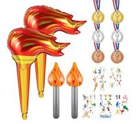 CWPFVQA 6 piezas de medallas de campeonato, 2 piezas de antorchas pequeñas, 2 piezas de antorchas grandes, 1 paquete de pegatinas con temas deportivos, decoraciones para juegos deportivos.