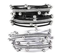CWPFVQA Pack De 2 Pulseras De Cuero Multicapa, Pulseras Personalizadas De Moda, Pulseras Magnéticas, Pulseras Retro para Mujer, Accesorios De Vestir (Negro, Plata)