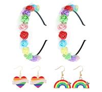 CWPFVQA Paquete De 2 Diademas De Flores De Arcoíris con 2 Pares De Pendientes De Arcoíris, Tocado Floral, Accesorios De Moda para Mujeres, Traje De Fiesta del Orgullo, Tocado De Flores De Arcoíris