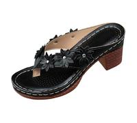 Cwuhyatre Sandale Tacón Mujer Verano Cómodo Elegante Sandalias Mujer Cuña Decoración Floral Estilo Bohemio Mulas Sandalias Punta Abierta Roma Brida Tobillo Zapatos Para Playa Vacaciones Casual, Negro