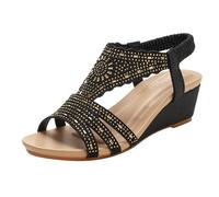Cwuhyatre Sandalias de cuña Mujer Verano Moda Elegancia Estilo Bohemio Mulas Sandalias Punta Abierta Roma Brida Tobillo Zapatos Para Playa Vacaciones Sandalias Tacón Mujer Chic Y Elegant, Negro , 38