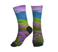 CWYHDUDOH Nature Purple Flowers Meadow Mountain Scenic Print - Calcetines deportivos unisex de tubo medio, ajuste a la moda, correr, gimnasio, entrenamiento, uso diario, 2 Negro-2, Altoa única