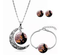 CWZZWS Collares largos con colgante para mujer, creatividad personalizada con texto de Halloween, pulsera de luna giratoria, aretes, collar europeo y americano, joyería con colgante de cristal, cadena
