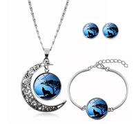 CWZZWS Collares Largos con Colgante para Mujer, Hermosa Luna, árbol, Planta, Lobo, Pulsera de Luna giratoria, aretes, Traje, Collar Europeo y Americano, joyería, Colgante de Cristal, Cadena de