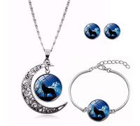 CWZZWS Collares Largos con Colgante para Mujer, Luna Creciente Nocturna, Personalidad de Lobo, Pulsera de Luna giratoria, aretes, Collar Europeo y Americano, joyería con Colgante de Cristal, Cadena