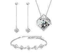 CWZZWS Conjunto de joyería para Mujer 925 - Conjunto de Lujo de 3 Piezas de Collar con dijes de Perlas de circonio Cuadrado, Pulsera y aretes, para Bodas, Aniversarios, cumpleaños, día de la Madre