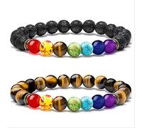 CWZZWS Hombres Mujeres Piedra de Lava Negra con Cuentas 7 Chakras Piedra Preciosa con Cuerda Hecha a Mano Unisex 8mm