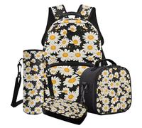 Cxdvotvy Bonito juego de mochila escolar con estampado para niñas, mochila, estuche para lápices, mochila y bolsa de almuerzo para jardín de infantes, escuela primaria, Margarita negra, Juego de