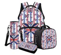 Cxdvotvy Juego de 4 mochilas escolares, estuche para lápices, lonchera y botella de agua para niños y niñas, jardín de infantes, Blue-Union Jack Flag Butterfly, Juego de mochila escolar