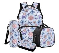 Cxdvotvy Juego de 4 mochilas escolares, juego de mochila ligera para niñas, bolsa de almuerzo aislada para primaria, escuela secundaria, Blue-boho Mandala Flower Butterfly, Juego de mochila escolar