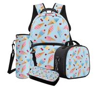 Cxdvotvy Juego de 4 mochilas escolares, juego de mochila ligera para niñas, bolsa de almuerzo aislada para primaria, escuela secundaria, Blue-Ice Cream Cherry, Juego de mochila escolar