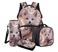 Cxdvotvy Juego de mochila escolar con estampado animal, bolsa de almuerzo, estuche para lápices, portabotellas para niños y niñas, Flor de zorro rosa, Juego de mochila escolar