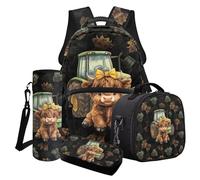Cxdvotvy Juego de mochila escolar con estampado animal, bolsa de almuerzo, estuche para lápices, portabotellas para niños y estudiantes, Black-highland Cow Truck, Juego de mochila escolar