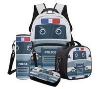 Cxdvotvy Juego de mochila escolar para niños, mochila ligera, bolsa de almuerzo, estuche para lápices, funda para botella para jardín de infantes y niños, Grey-Police Car, Juego de mochila escolar