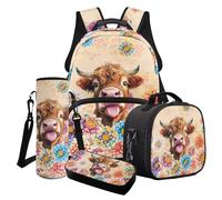 Cxdvotvy Mochila escolar para niños, juego de mochila de 4 piezas, bolsa de almuerzo, estuche para lápices, soporte para vasos de agua, regalo para niñas, Beige-highland Cow Boho Mandala Flower, Juego