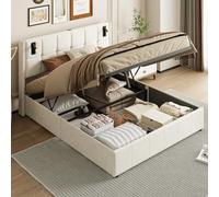 CXHLXYR - Cama de 140 x 200 cm con lámpara de lectura, cama de 140 x 200 cm con somier de camas acolchadas, con función de almacenamiento, cama doble con láminas, camas con tapa de maletero (beige