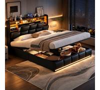 CXHLXYR Cama Tapizada 140x200 cm,Cama Matrimonio 140x200 con almacenaje,Canape con Cabecero, Camas matrimoniales con USB y luz LED, Moderne Camas Juvenil, Hidráulica Espacio, PU, Negro, Sin Colchon
