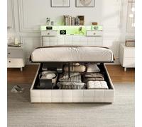 CXHLXYR Cama Tapizada 140x200 con Almacenaje, Cama matrimonial con Toma USB y luz LED, Cama con canape,Cama Doble Matrimonio Cabecero Acolchado y Base de Láminas,Camas Juveniles Terciopelo