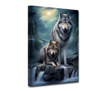 CXHOSTENT Lienzo decorativo con diseño de lobos en las montañas con diseño de luna llena, paisaje de vida silvestre, bosque para decoración del hogar enmarcado (Wolf-1, 30 x 45 cm)