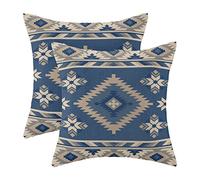 CXMEIFLY Juego de 2 fundas de almohada bohemias aztecas de 18 x 18 pulgadas, decoración geométrica azul y beige, fundas de cojín decorativas del suroeste para exteriores para decoración de sofá y cama