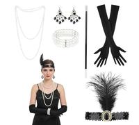 CXNXFD Disfraz de los años 20, 6 piezas, color blanco y negro, estilo Charleston Flapper con guantes, cadena de perlas, diadema con pluma, pendientes, disfraz de Gatsby para adultos
