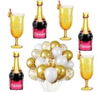 CXRYLZ-FUR 6 Piezas Globos de Champán y 30 Piezas Látex, xxl Bola de Oro Vino Gigantes, Globo de Helio Botella de Champán, Globos de Aluminio para Cumpleaños, Vacaciones, Boda, Noche