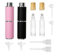 CxutSa 2 Piezas 8ml Atomizador Perfume Recargable Negro Rosa Perfumador Dispensador de Viaje y 2 Piezas 10ml Botellas Roll On Cristal para Aceites Esenciales, Perfumes, Masaje