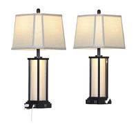 CXYWBD 27 Inch Vintage Table Lamp USB C+A and Outlet with Frosted Glass Night Light Bedroom Nightstand Suitable for bedrooms, Living Rooms, Offices, Book(Black Base-Square Shades)