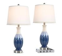 CXYWBD 28" Ceramic Navy Blue Lamp 2-Pack with USB Port and White Fabric Shade Room Nightstand Side Table Suitable for bedrooms, Living Rooms, Offices, Book