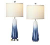 CXYWBD 28" Glass Touch Table Lamp with USB Ports and AC Outlet, White Fabric Lampshade Room Bedroom, Blue 2-Pack Suitable for bedrooms, Living Rooms, Offices, Book