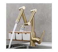 CXYWBD Brass Kitchen Faucet with Hot and Cold Water Commercial 2 Functions Tap Folding Stretchable Three Joint Swing Arm Single Handle Deck Mounted Brushed Gold A