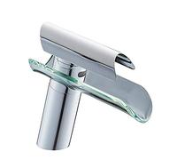 CXYWBD Chrome Finish Glass Spout Waterfall Bathroom Sink Faucet Deck Mount Widespread Vessel Sink Vanity Mixer Tap with Clear Glass Disk Hot and Cold Bathtub Shower Tub Faucets Stylish Lavat