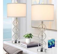 CXYWBD Crystal Glass Table Lamp 2-Pack with 2 USB Charging Ports, Fabric Shade, Room, Office, Study Suitable for bedrooms, Living Rooms, Offices, Book(Silver)