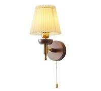 CXYWBD Gold Bedside Lamp with Pull Chain and Pleated Fabric Shade Retro Vintage Walnut Wood Wall Light Mid Century Rustic E27 Hardwired,One Color-A