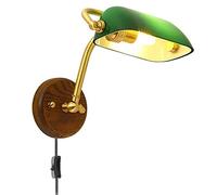 CXYWBD Lamps Sconces Copper with Classic Green Banker Lamp 1.6m Cable Glass Lampshade Wooden Base Retro E27 Wall Applique Bedroom,
