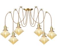 CXYWBD Pendant with Switch, Gold Copper Polish Adjustable Ceiling Lamp, Amber Glass Shade Chandelier,Led Chandelier Lights