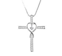 CXYWBD Silver Heart-Shaped Cross NecklaceWomen,Birthday Commemorative Cross and Chain Ladies,Inlaid with Cubic Zirconia, a Catholic Cross Pendant - 1.69 x 1.22 in, Chain Length:18+2in