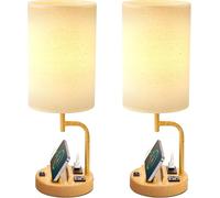 CXYWBD Style Table Lamp with 3 USB Charging Ports and AC Outlet Bedroom, Room, Office, 2-Light Set, Natural Wood Suitable for bedrooms, Living Rooms, Offices, Book