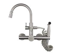 CXYWBD Wall Mount Kitchen faucets, with Pull-out Spray, Wall-Mounted,Hot Water 304 Stainless Steel Brushed, Sink Laundry Pool-Big Bend(Large Curved Tube Double Water Swinging)