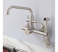 CXYWBD Wall Mount Kitchen faucets, with Pull-out Spray, Wall-Mounted,Hot Water 304 Stainless Steel Brushed, Sink Laundry Pool-Big Bend(Seven-Character Tube)