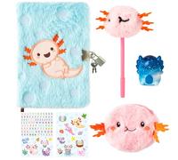 CY2SIDE 6 piezas de diario de ajolote con cerradura y llaves para niños, cuaderno de diario secreto de peluche de ajolote con bolsa para monedas, pegatinas de bolígrafo y juguete de apretar, idea para