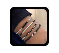 Cybche Boho Pulsera De Cuentas Facetadas De Onix Pulsera De Cuentas De Semillas Negro En Capas De Plata Apilables Pulseras De Cuentas Tubo Pulseras De Cuero De Cristal Negro De La Mano De La Cadena