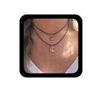 Cybche Gargantilla vintage de cuero con diseño de luna y sol, collar con colgante celestial, cadena de cuerda encerada negra, collares de media luna, joyería para mujer, Zinc