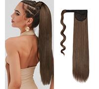 Cybelleza 55cm Coleta Postiza Cola de Caballo Extensiones de Cabello Natural Clip Pelo Sintetico Liso Largo Ponytail Hair Extension Wrap Around (Marron oscuro & Castaño claro)