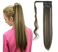 Cybelleza Coleta Postiza Cola de Caballo Extensiones de Cabello Natural Clip Pelo Sintetico 60cm 125g Liso Largo Ponytail Hair Extension Wrap Around (Rubio ceniza&Rubia sucia)