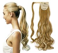 Cybelleza Coleta Postiza Cola de Caballo Extensiones de Cabello Natural Clip Pelo Sintetico 60cm 130g Onda Rizada Ponytail Hair Extension Wrap Around (Rubio oscuro & Blanqueador rubia)