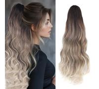 Cybelleza Coleta Postiza con Pinza Extensiones de Clip de Pelo Natural Extensiones de Cabello Rizadas Sintético Ondulado Ponytail Largo Cola Claw, Marrón Ombre Platino Rubio mix Marrón